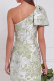 One Shoulder Dusty Blue Floral Sheath Long Bridesmaid Dress