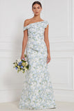 Blue White Flower Asymmetrical Neck Mermaid Bridesmaid Dress