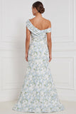 Blue White Flower Asymmetrical Neck Mermaid Bridesmaid Dress