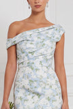 Blue White Flower Asymmetrical Neck Mermaid Bridesmaid Dress