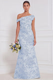 Blue White Flower Asymmetrical Neck Mermaid Bridesmaid Dress