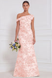 Blue White Flower Asymmetrical Neck Mermaid Bridesmaid Dress