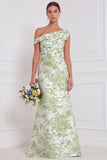 Blue White Flower Asymmetrical Neck Mermaid Bridesmaid Dress