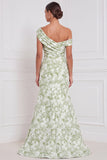 Blue White Flower Asymmetrical Neck Mermaid Bridesmaid Dress