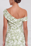 Blue White Flower Asymmetrical Neck Mermaid Bridesmaid Dress
