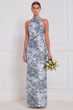 Halter Sage Floral Sheath Bridesmaid Dress with Slit