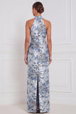 Halter Sage Floral Sheath Bridesmaid Dress with Slit