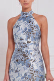 Halter Sage Floral Sheath Bridesmaid Dress with Slit