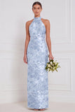 Halter Sage Floral Sheath Bridesmaid Dress with Slit