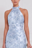 Halter Sage Floral Sheath Bridesmaid Dress with Slit