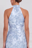 Halter Sage Floral Sheath Bridesmaid Dress with Slit