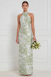 Halter Sage Floral Sheath Bridesmaid Dress with Slit