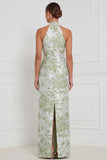 Halter Sage Floral Sheath Bridesmaid Dress with Slit