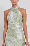 Halter Sage Floral Sheath Bridesmaid Dress with Slit