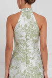 Halter Sage Floral Sheath Bridesmaid Dress with Slit