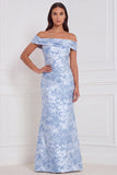 Off the Shoulder Mermaid Floral Light Blue Bridesmaid Dress
