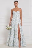 Floral Blue White Corset A Line Bridesmaid Dress with Slit