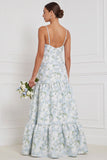 Floral Blue White Corset A Line Bridesmaid Dress with Slit