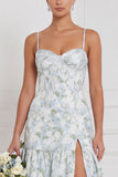 Floral Blue White Corset A Line Bridesmaid Dress with Slit