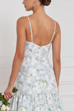 Floral Blue White Corset A Line Bridesmaid Dress with Slit