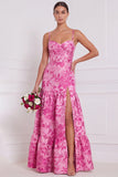 Floral Blue White Corset A Line Bridesmaid Dress with Slit