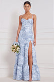 Floral Blue White Corset A Line Bridesmaid Dress with Slit