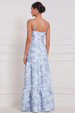 Floral Blue White Corset A Line Bridesmaid Dress with Slit