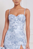 Floral Blue White Corset A Line Bridesmaid Dress with Slit