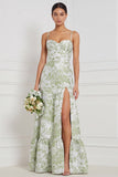 Floral Blue White Corset A Line Bridesmaid Dress with Slit