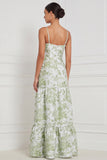 Floral Blue White Corset A Line Bridesmaid Dress with Slit