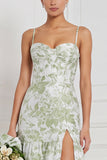 Floral Blue White Corset A Line Bridesmaid Dress with Slit