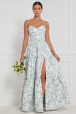 Strapless Pearl Blue White Flower A Line Long Bridesmaid Dress with Slit