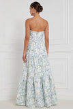 Strapless Pearl Blue White Flower A Line Long Bridesmaid Dress with Slit