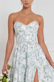 Strapless Pearl Blue White Flower A Line Long Bridesmaid Dress with Slit