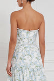 Strapless Pearl Blue White Flower A Line Long Bridesmaid Dress with Slit