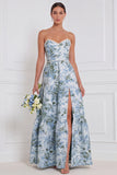 Strapless Pearl Blue White Flower A Line Long Bridesmaid Dress with Slit