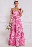 Strapless Pearl Blue White Flower A Line Long Bridesmaid Dress with Slit