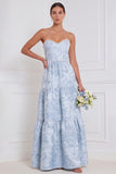 Strapless Pearl Blue White Flower A Line Long Bridesmaid Dress with Slit
