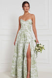 Strapless Pearl Blue White Flower A Line Long Bridesmaid Dress with Slit