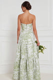Strapless Pearl Blue White Flower A Line Long Bridesmaid Dress with Slit