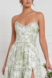 Strapless Pearl Blue White Flower A Line Long Bridesmaid Dress with Slit