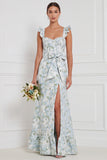 Blue White Flower Ruffle Straps Long Bridesmaid Dress with Bow