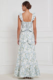 Blue White Flower Ruffle Straps Long Bridesmaid Dress with Bow