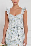Blue White Flower Ruffle Straps Long Bridesmaid Dress with Bow