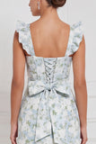 Blue White Flower Ruffle Straps Long Bridesmaid Dress with Bow