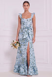 Blue White Flower Ruffle Straps Long Bridesmaid Dress with Bow