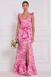 Blue White Flower Ruffle Straps Long Bridesmaid Dress with Bow
