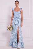 Blue White Flower Ruffle Straps Long Bridesmaid Dress with Bow