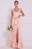 Blue White Flower Ruffle Straps Long Bridesmaid Dress with Bow