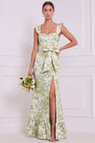 Blue White Flower Ruffle Straps Long Bridesmaid Dress with Bow